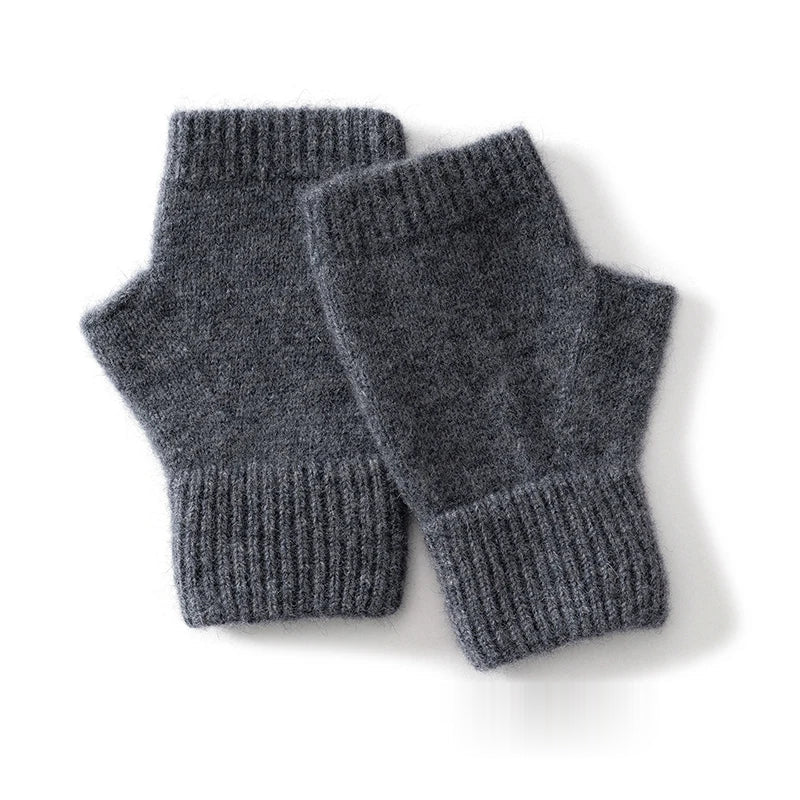 Knitted Wool Fingerless Mitts - Dark Gray