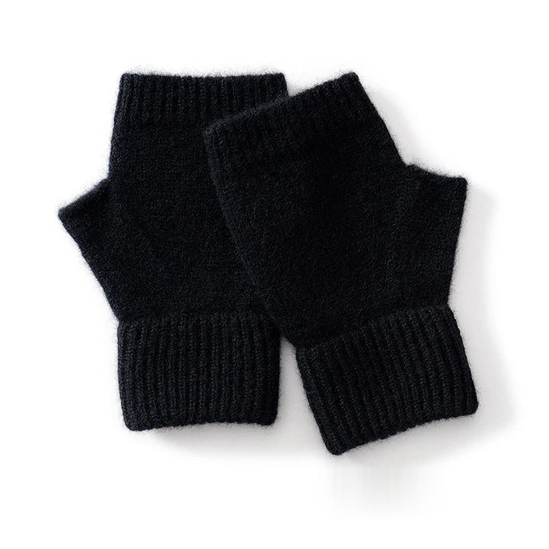Knitted Wool Fingerless Mitts - Black