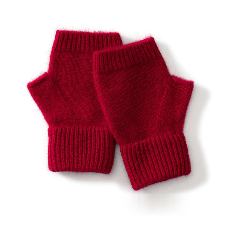 Knitted Wool Fingerless Mitts - Red