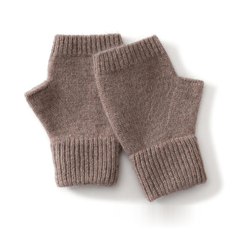 Knitted Wool Fingerless Mitts - Camel