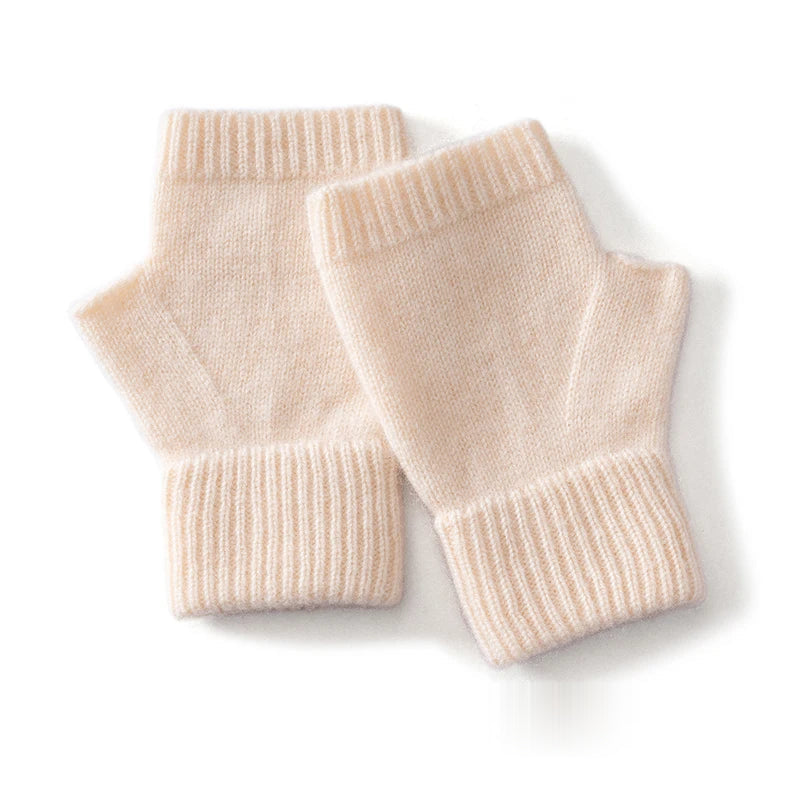 Knitted Wool Fingerless Mitts - Beige
